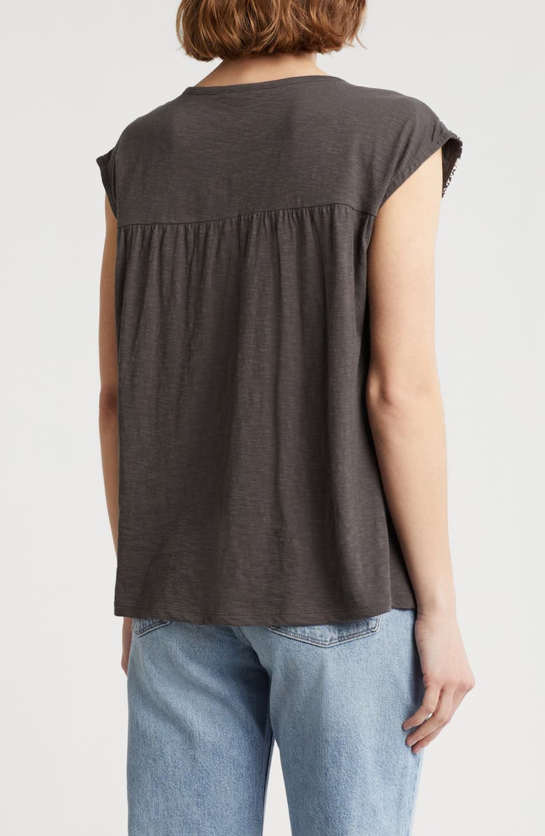 Top Lucky Brand Femme - Col V Fendu, Manches Courtes, Motif Géométrique Tribal - Taille M - Bleu - Neuf Avec étiquettes