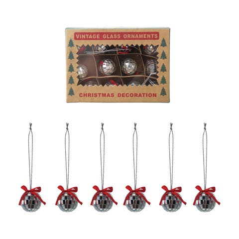 12-Piece Foam and Glass Mini Mirror Ball Ornaments with Bow, Silver Finish and Red,