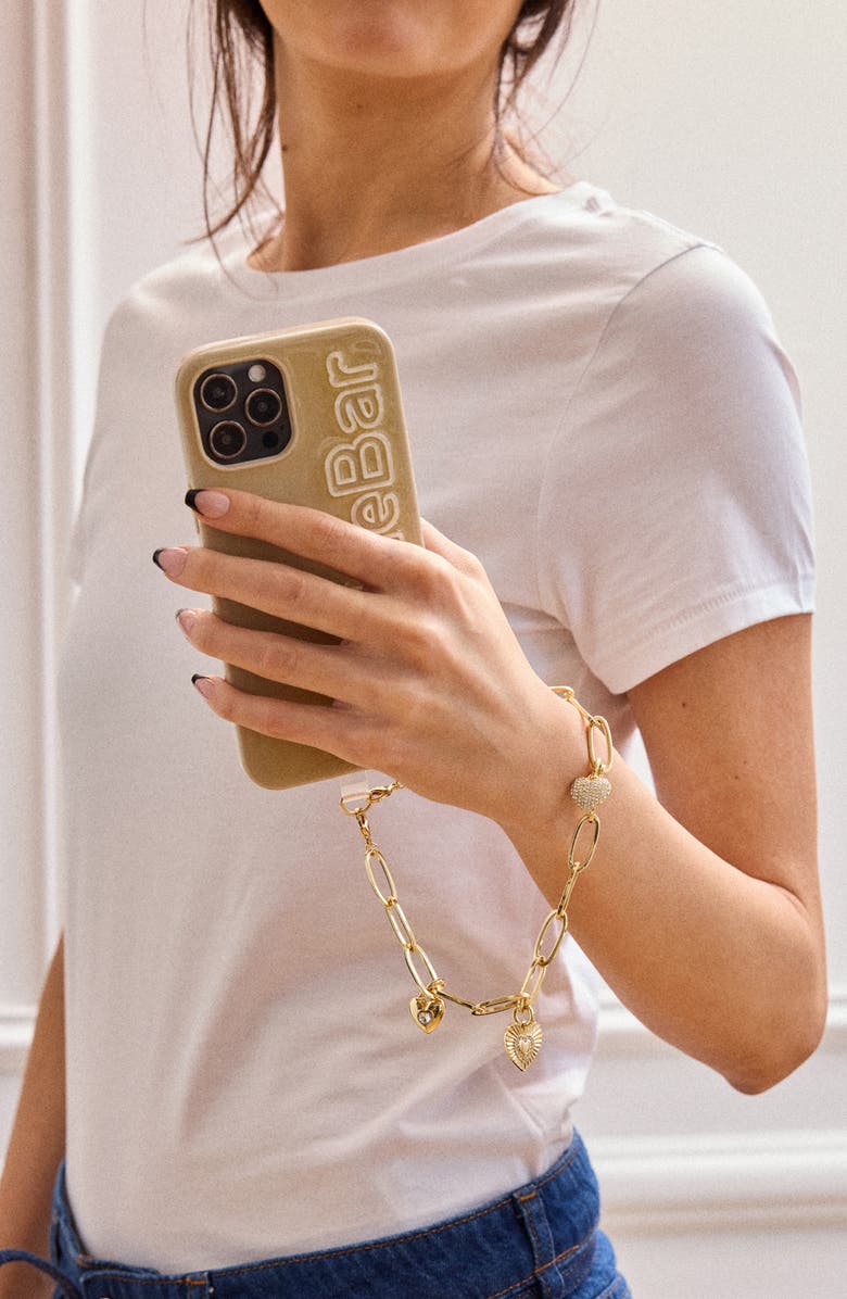 BaubleBar Hera Pavé Heart Charm Phone Wrist Strap, Alternate, color, Gold/ Clear