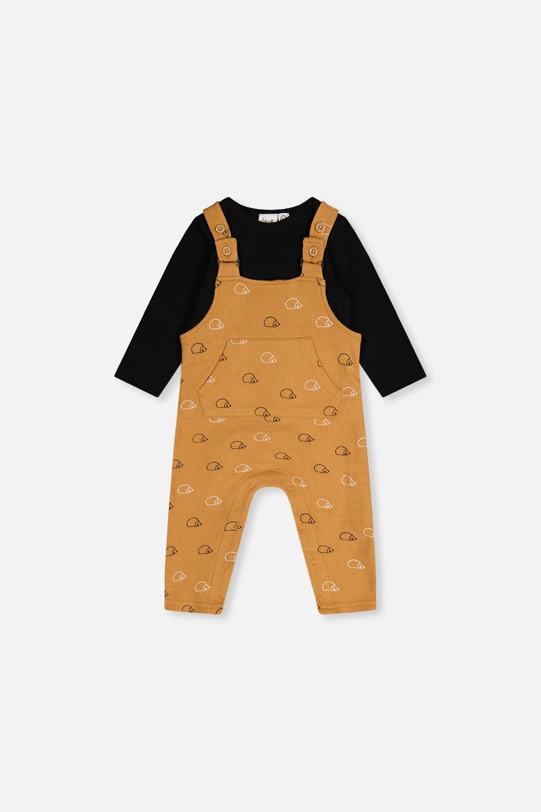 Organic Cotton Envelope Neck Romper and Hedgehog Pocket Overalls Set, Main, color, Black and Brown
