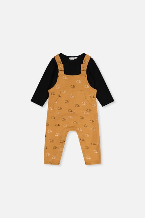 Organic Cotton Envelope Neck Romper and Hedgehog Pocket Overalls Set
