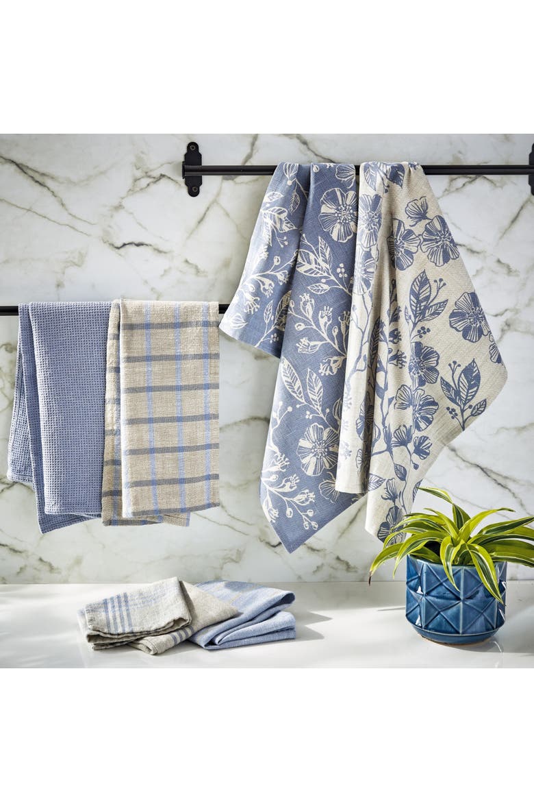Canyon Print Floral Dishtowel S/2 Blue D Blue Denim Cotton Everyday, Alternate, color, Orange