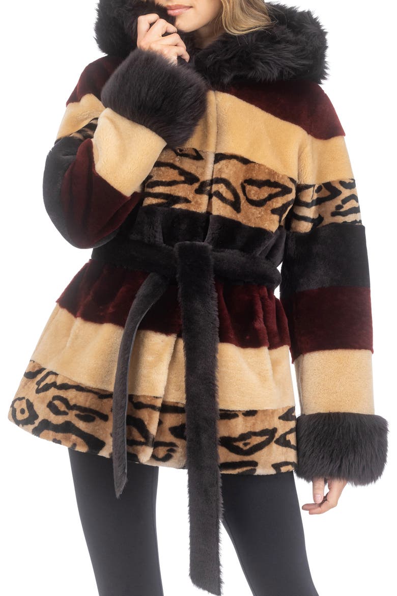 Genuine Shearling Parka with Genuine Shearling Hood Trim & Cuffs, Belt, Alternate, color, WINE/CAMEL/OCELO PRINT/BROWN