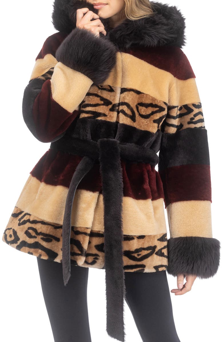 GORSKI Genuine Shearling Parka with Genuine Shearling Hood Trim & Cuffs, Belt, Alternate, color, Wine/Camel/Ocelo Print/Brown