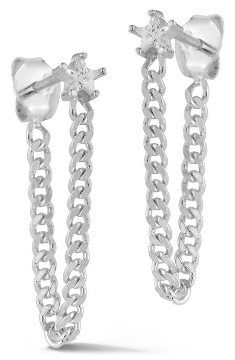 Cubic Zirconia Star Curb Chain Drop Draped Earrings
