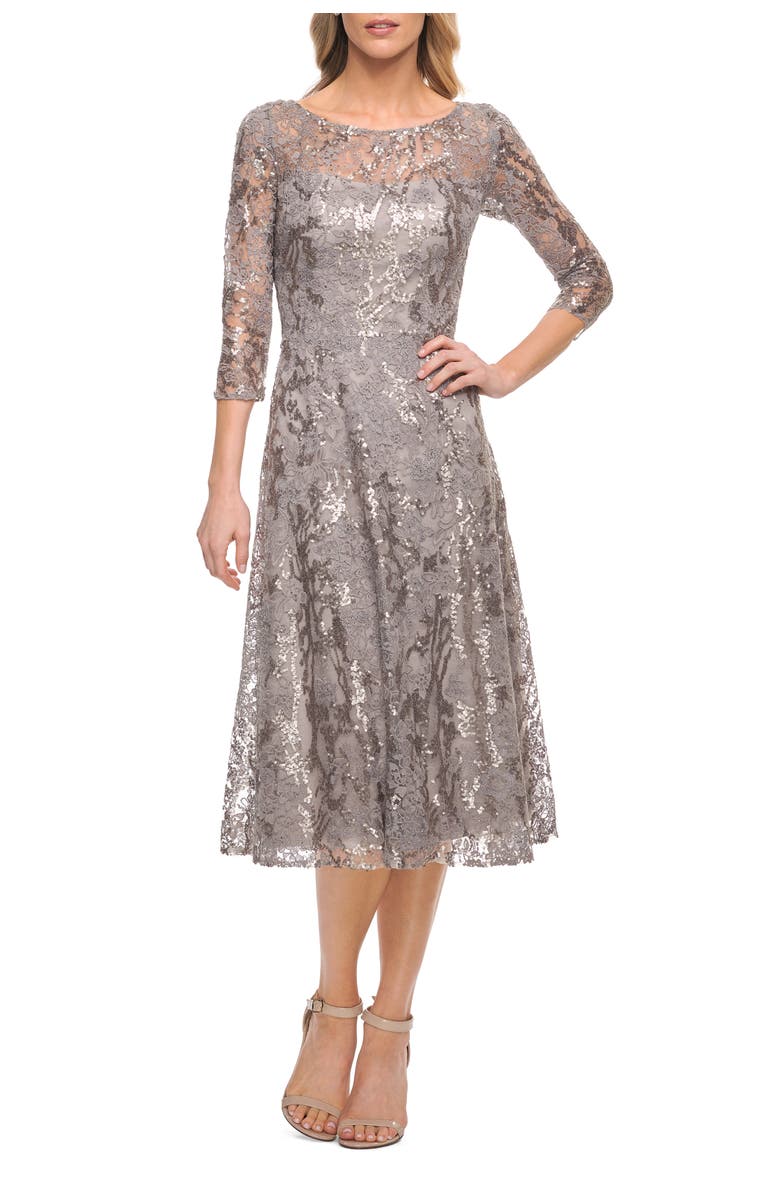 La Femme Lace Metallic Tea Length Dress with Three-Quarter Sleeves, Main, color, Silver