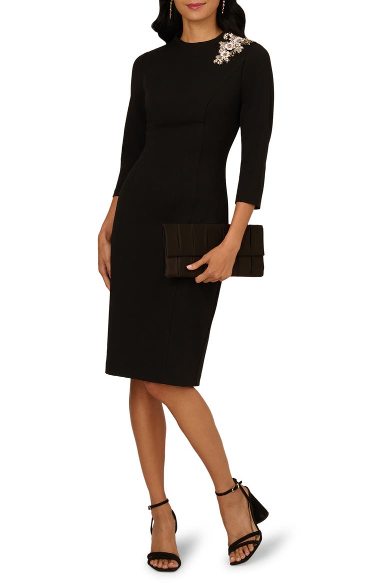 Floral Appliqué Crepe Sheath Cocktail Dress, Alternate, color, BLACK