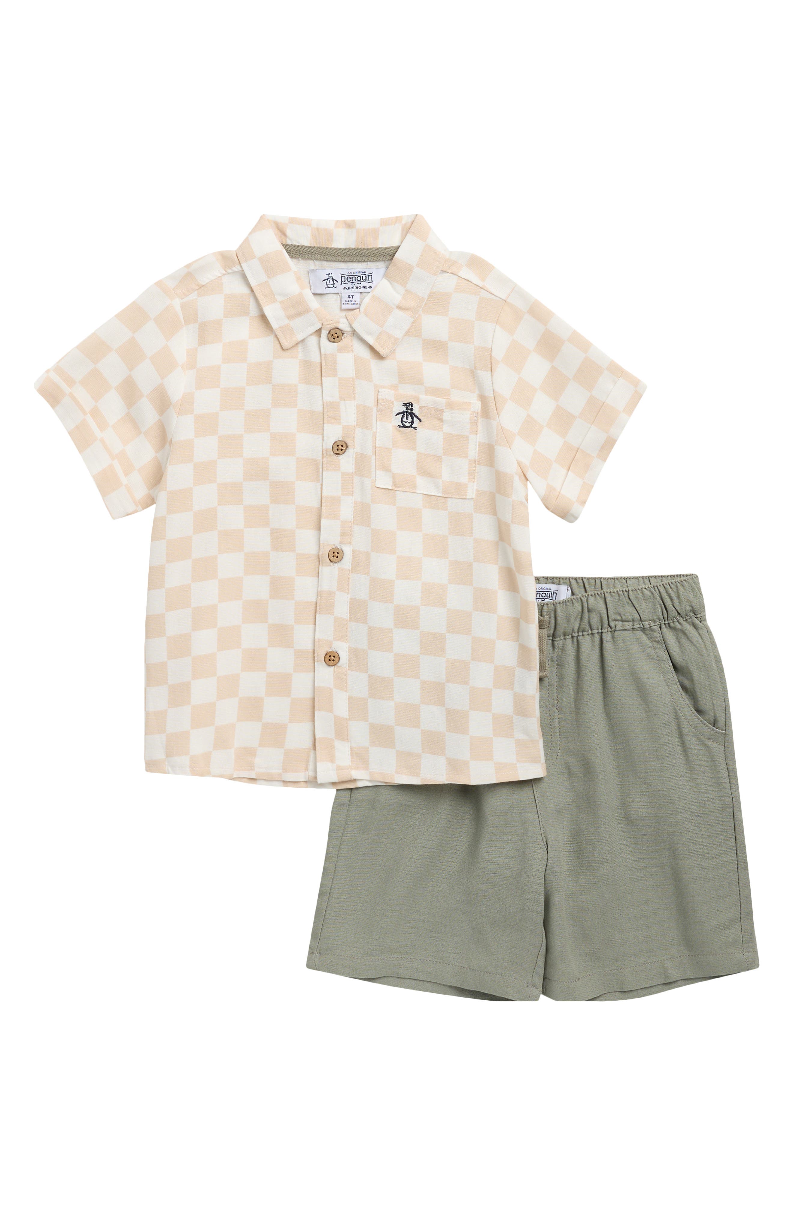 Original Penguin Kids'  Short Sleeve Button-up Camp Shirt & Shorts Set In Gray