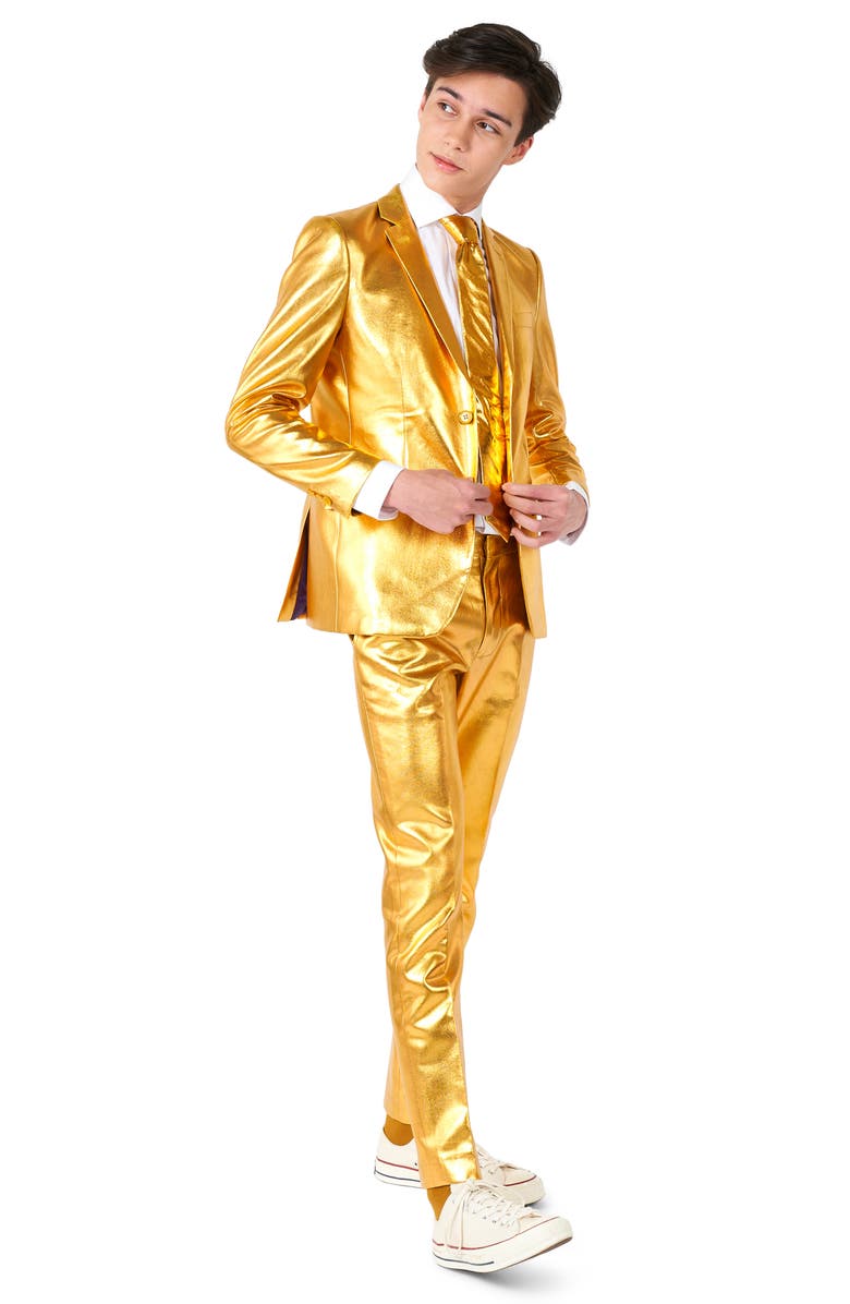 OppoSuits Kids' Groovy Golden Metallic Two-Piece Suit & Tie, Main, color, Gold