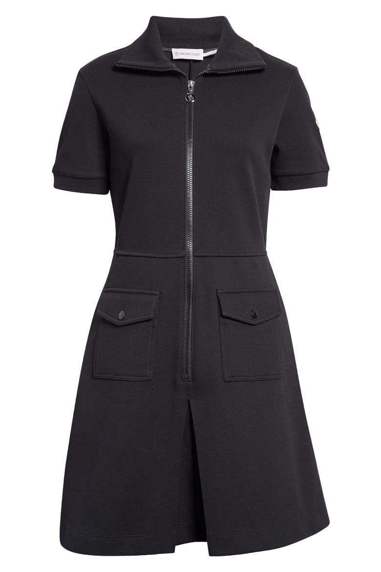Zip Front Cotton Blend Piqué Dress, Alternate, color, BLACK
