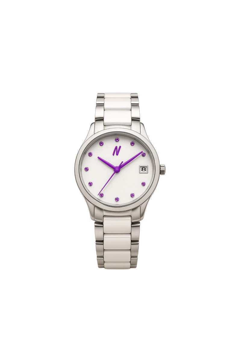 NCMPRBL Petite Link Purple Reign Ceramic Bracelet Watch, 34MM, Main, color, White/Silver/ Purple