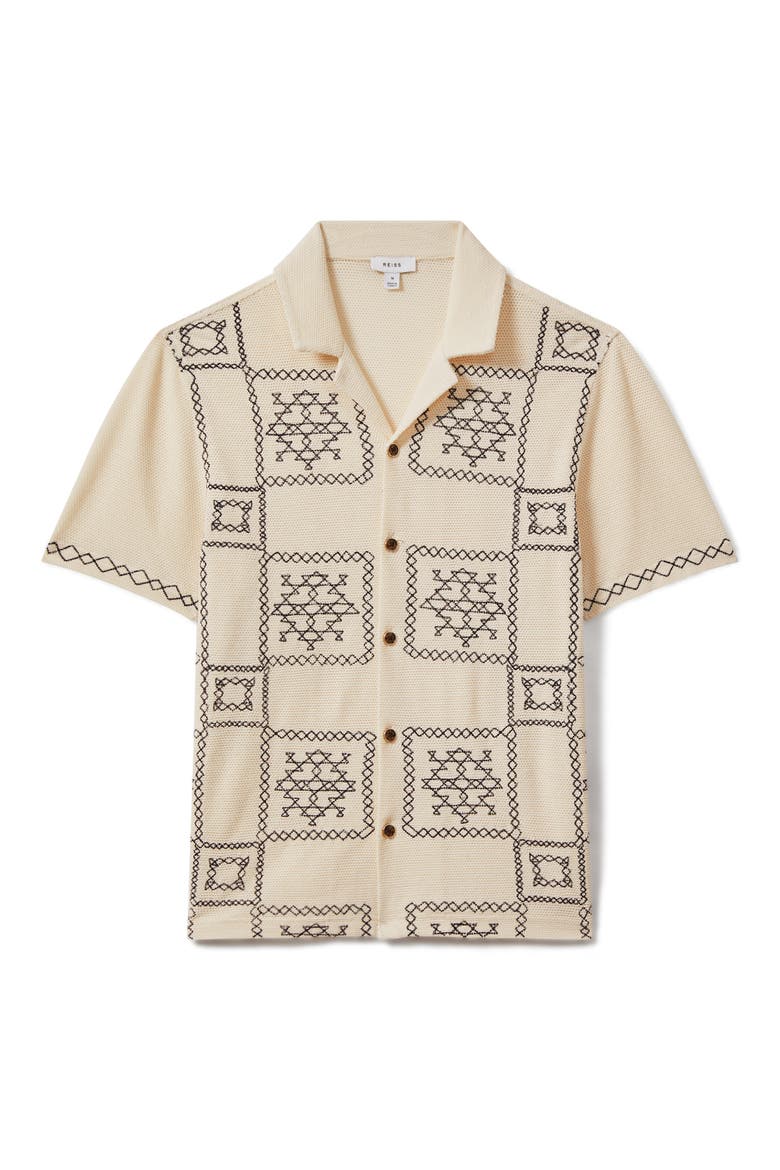 Cosmos Embroidered Short Sleeve Cotton Button-Up Shirt, Alternate, color, ECRU/ NAVY