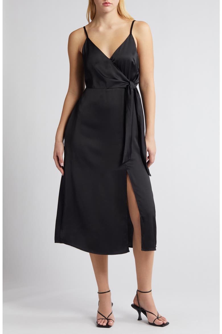 Side Tie Satin Dress, Main, color, BLACK