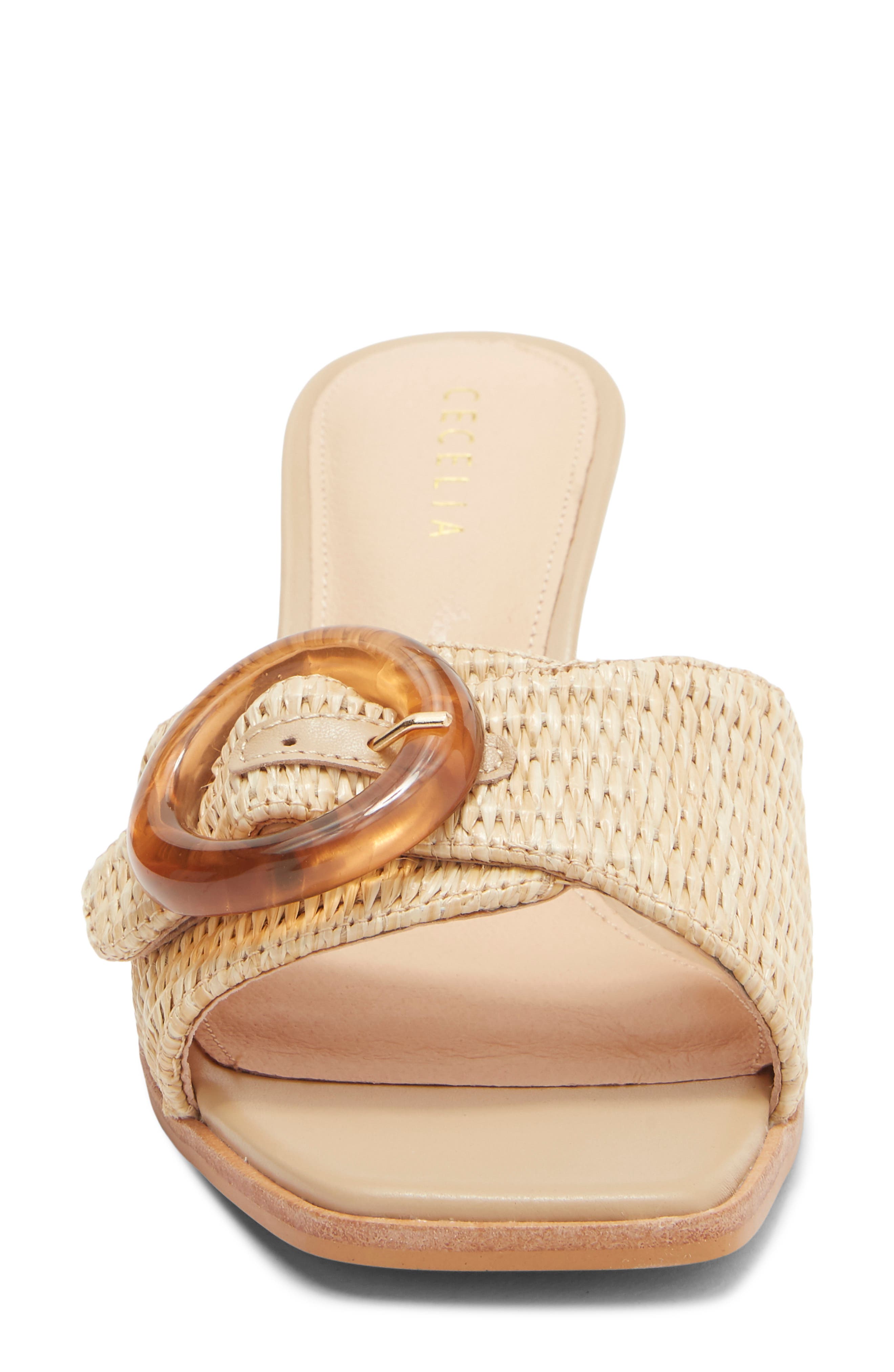 Cecelia New York Checker Buckle Raffia Wedge Slide Sandal, Alternate, color, Tea