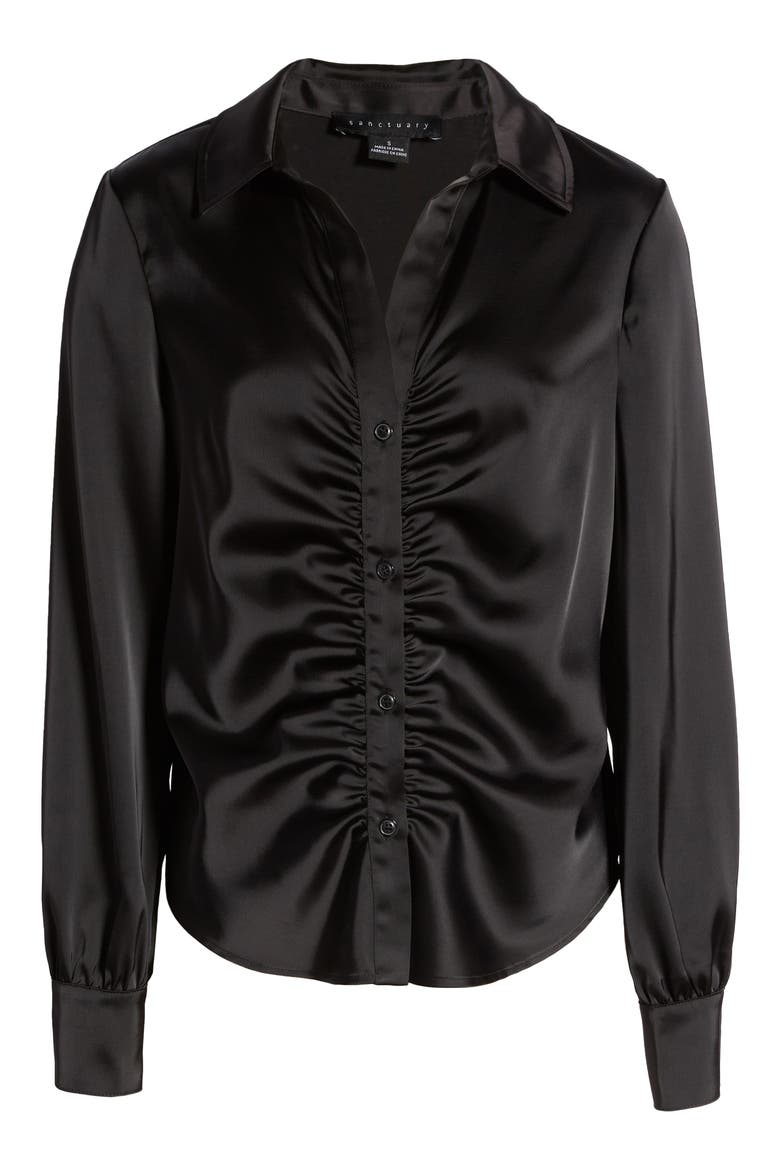 Time to Shine Ruched Satin Button-Up Shirt, Alternate, color, BLACK