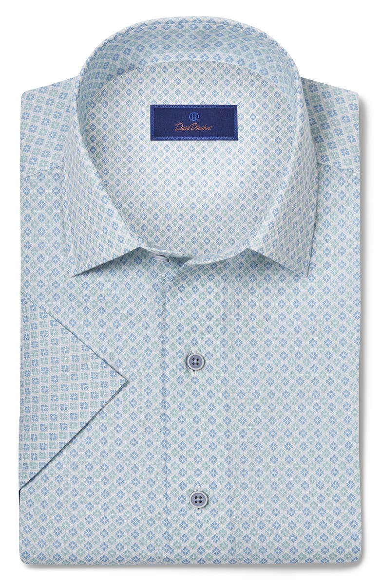 David Donahue Short Sleeve Linen & Cotton Sport Shirt, Alternate, color, Sky/ Grass