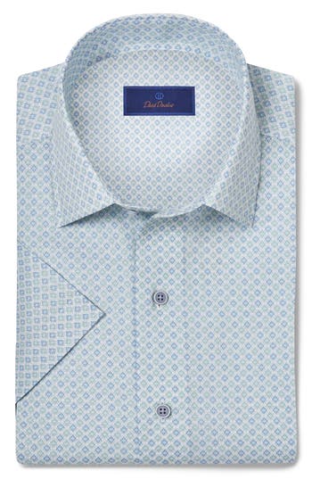 David Donahue Print Casual Short Sleeve Linen & Cotton Button-up Shirt In Sky/grass