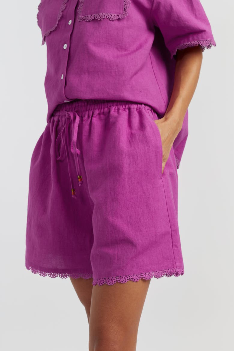 Sienna Linen-Blend Scallop Edge Shorts, Main, color, Magenta