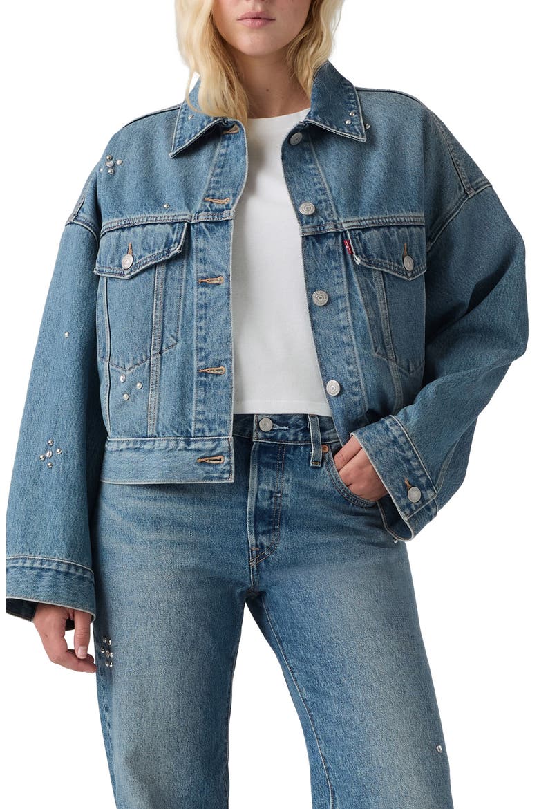 Embellished Loose Crop Denim Trucker Jacket, Main, color, TRIP ON DRIP TRUCKER