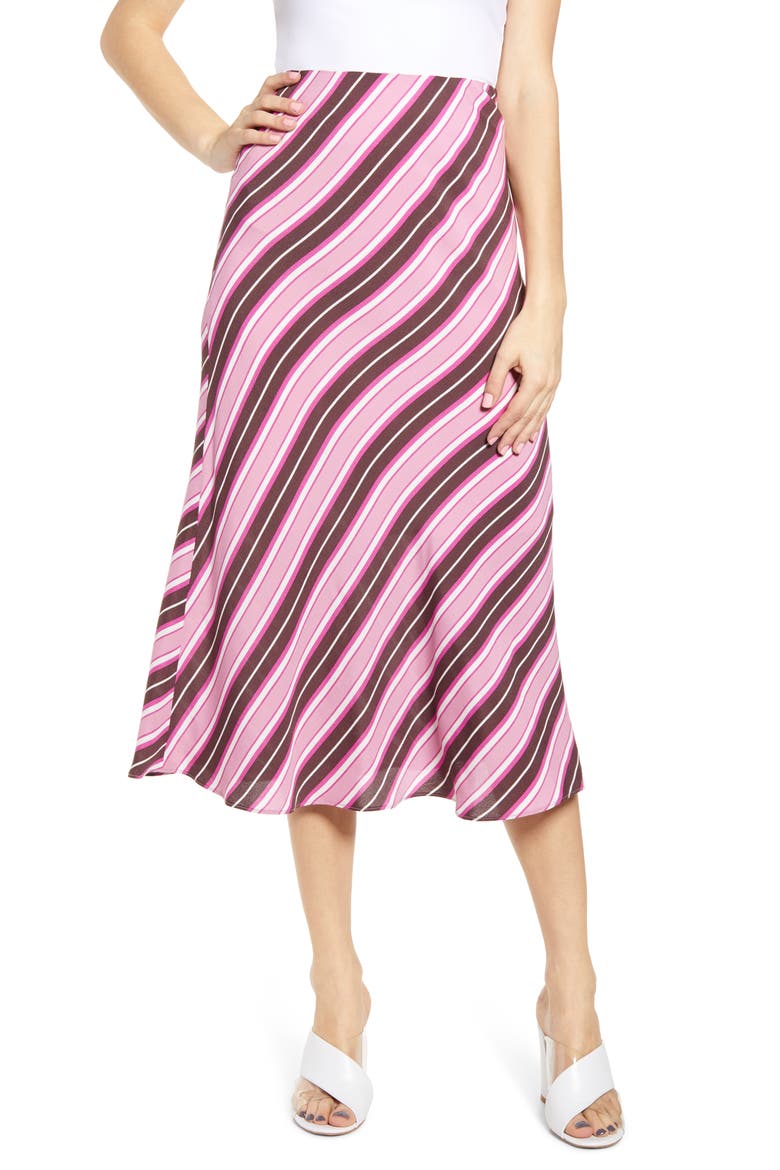 Bias Cut Midi Skirt, Main, color, BURGUNDY FUDGE SCARF STRIPE
