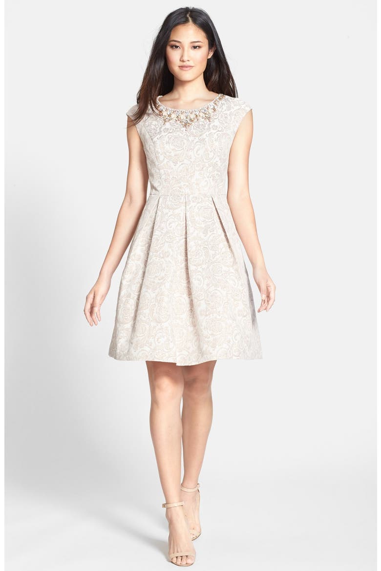 Embellished Jacquard Fit & Flare Dress, Main, color, CHAMPAGNE