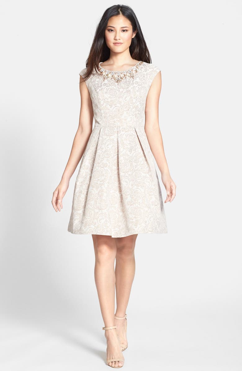 Eliza J Embellished Jacquard Fit & Flare Dress, Main, color, 