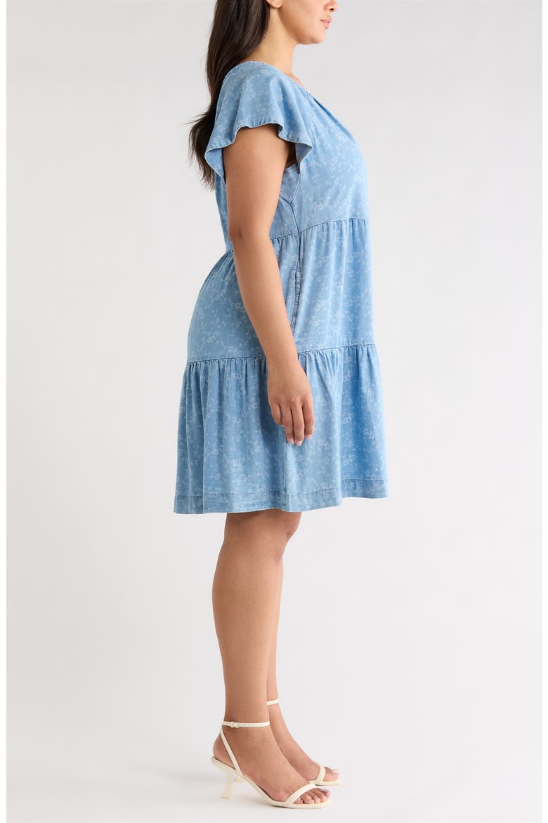 Tiered Floral Flutter Sleeve Denim Dress, Alternate, color, INDIGO ROSES