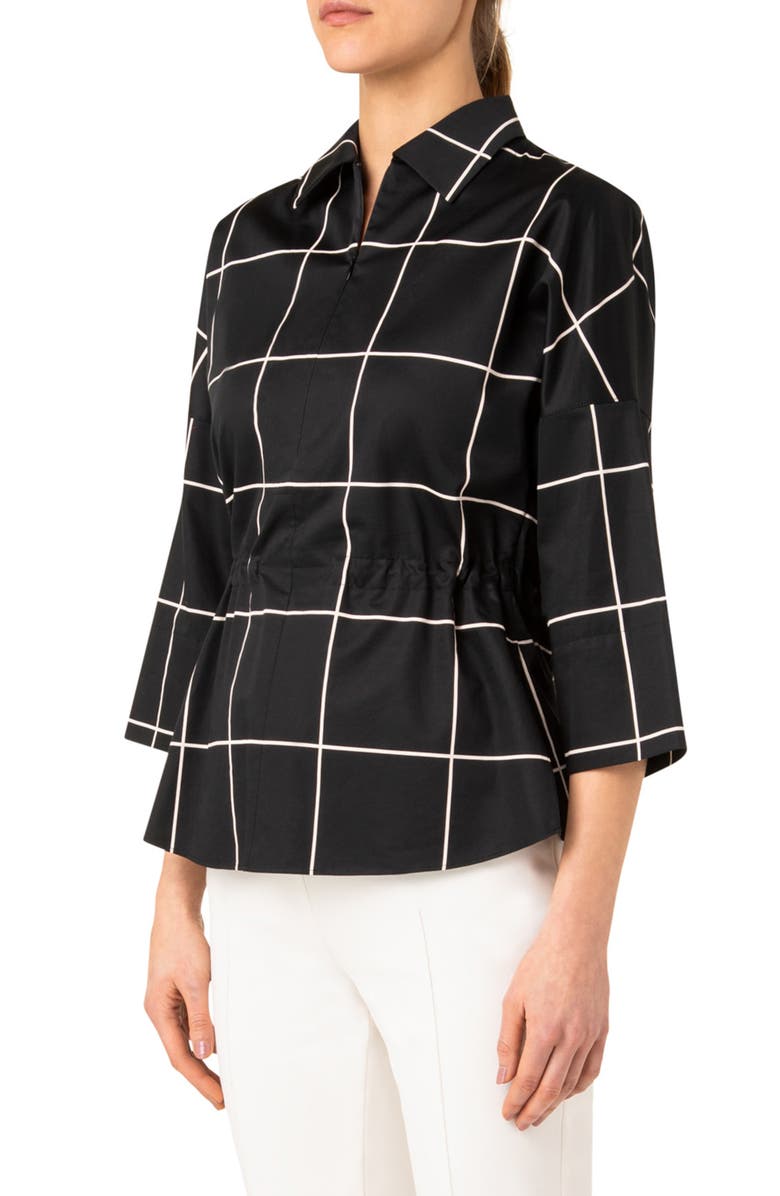Akris punto Windowpane Drawstring Waist Cotton Sateen Blouse, Alternate, color,