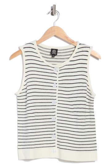 Bobeau Stripe Button-up Sweater Vest In White