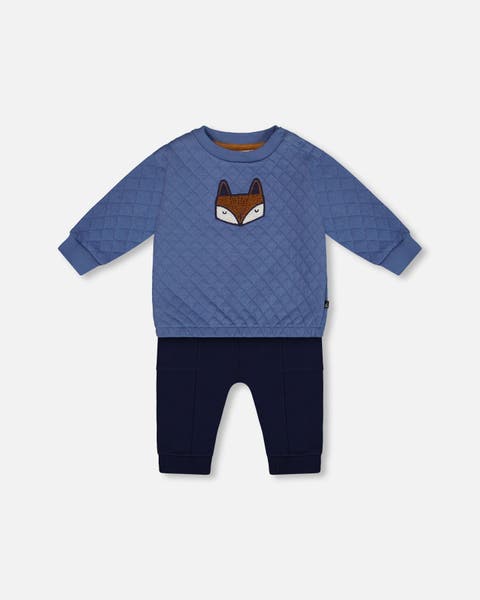 Deux Par Deux Quilted Sweatshirt and Fleece Pant Set - Blue Fox Deux Par Deux Quilted Sweatshirt and Fleece Pant Set - Blue Fox