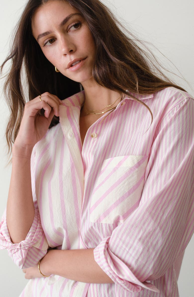 Marine Layer Jane California Relaxed Stripe Cotton Poplin Button-Up Shirt, Alternate, color, Pink Stripe