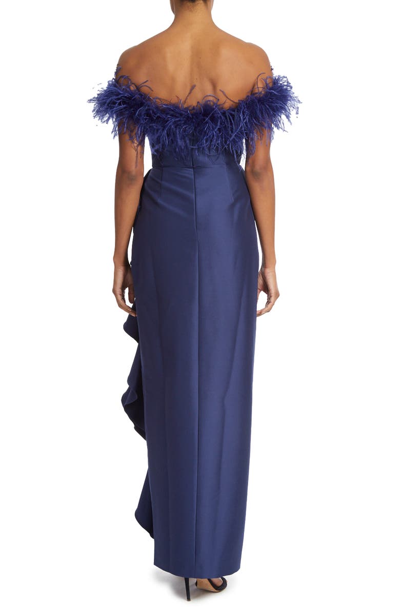 Badgley Mischka Collection Ruffle Off the Shoulder Feather Trim Gown, Alternate, color, 