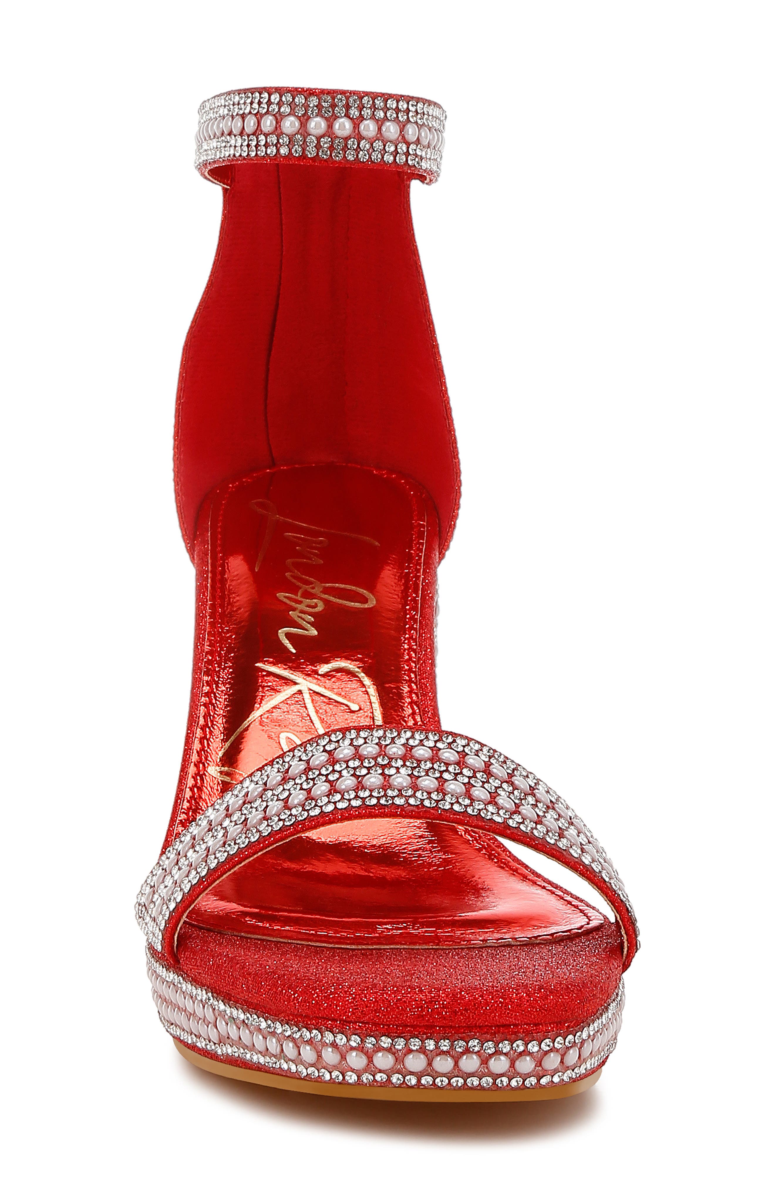 Mejuri Faux Pearl Embellished Platform Sandal, Alternate, color, RED