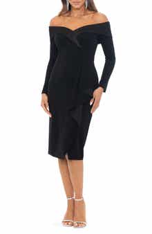 Tux Side Ruffle Off the Shoulder Long Sleeve Dress