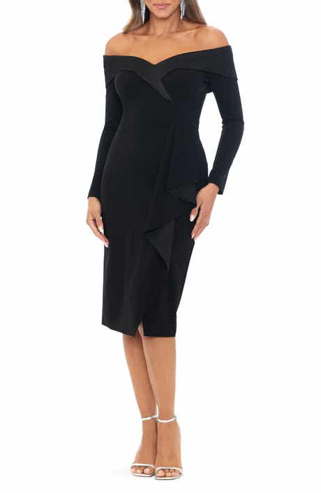 Tux Side Ruffle Off the Shoulder Long Sleeve Dress