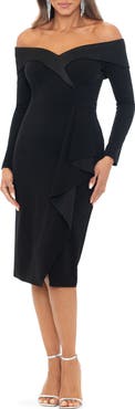 Xscape Evenings Tux Side Ruffle Off the Shoulder Long Sleeve Dress