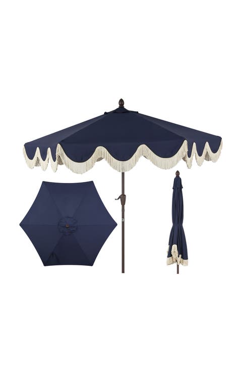 Collins 9 ft. Classic Cottage Fringe Tassel Market Patio Umbrella with Auto-Tilt Crank