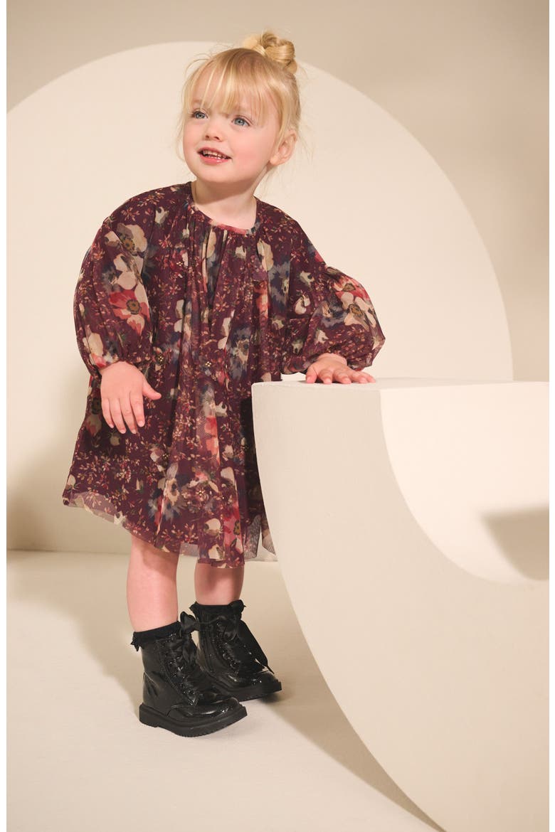 Kids' Floral Long Sleeve Mesh Dress, Alternate, color, PURPLE