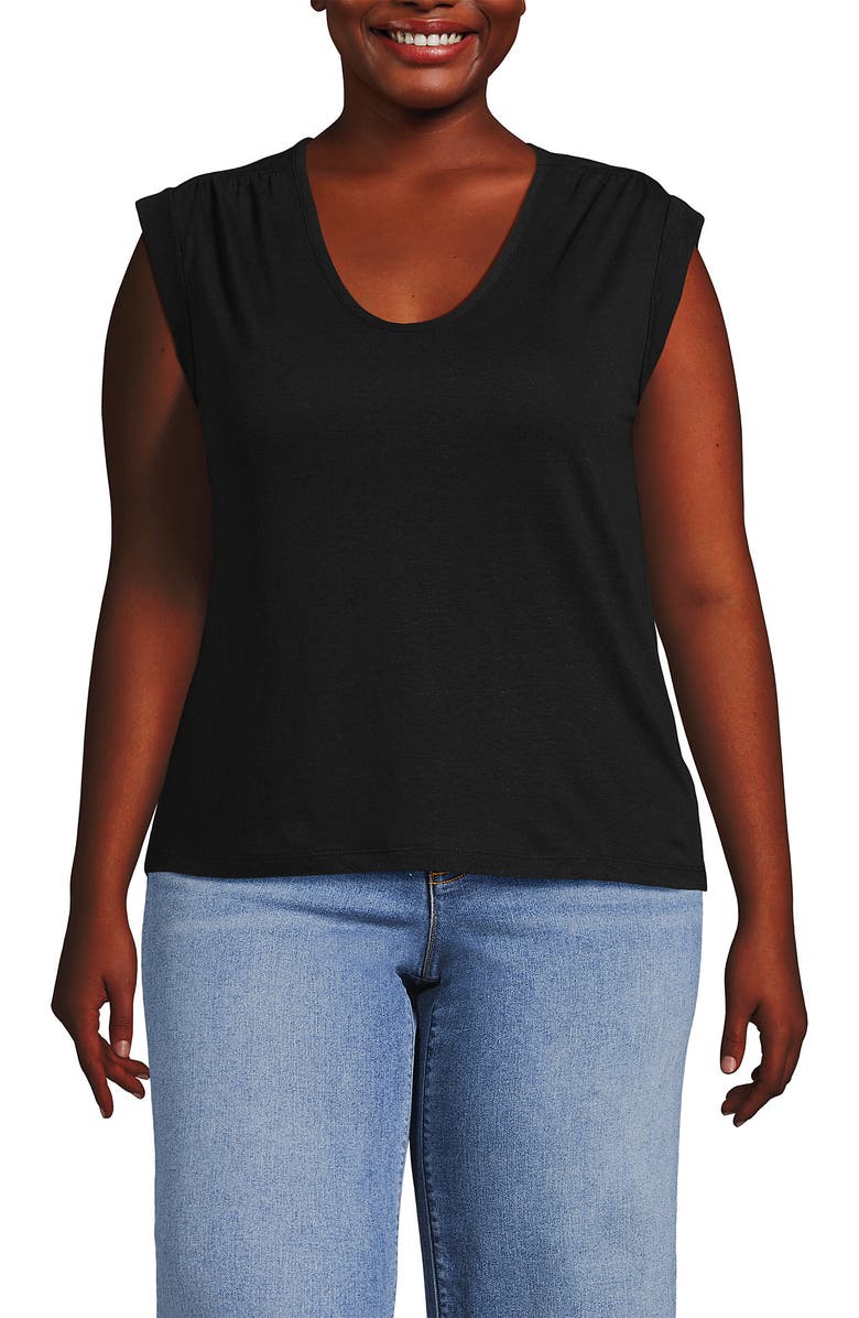 Lands' End Linen Blend Cap Sleeve Gathered Shoulder Tee, Main, color, 