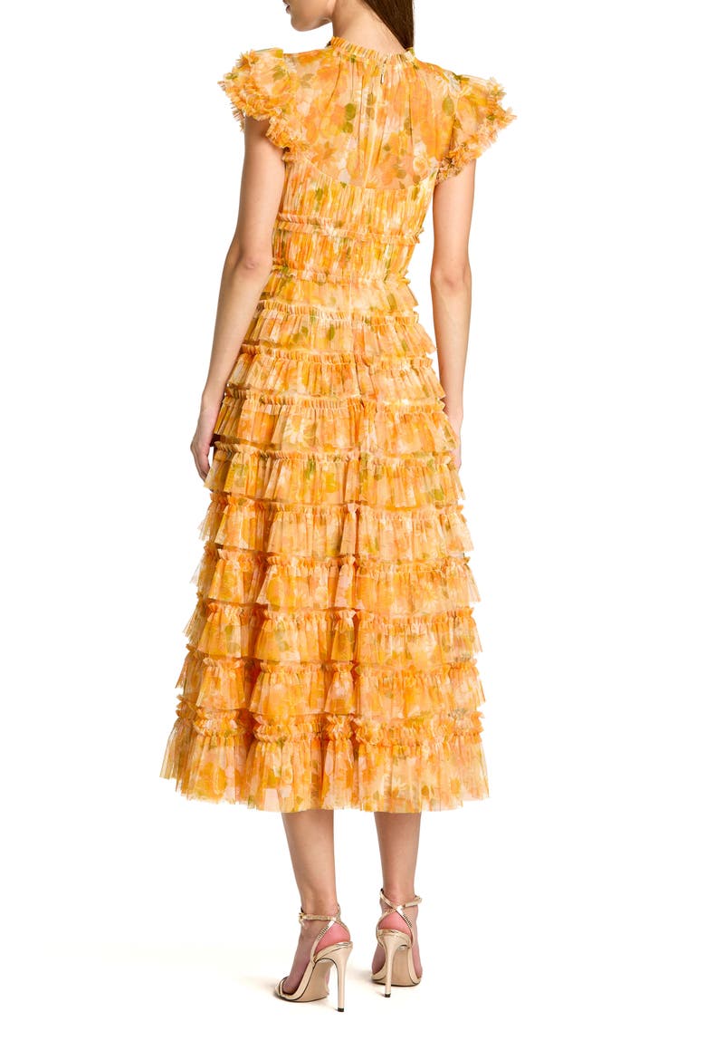 Mesh Micro Ruffle High Neck Cap Sleeve Midi Dress, Alternate, color, Yellow Multi