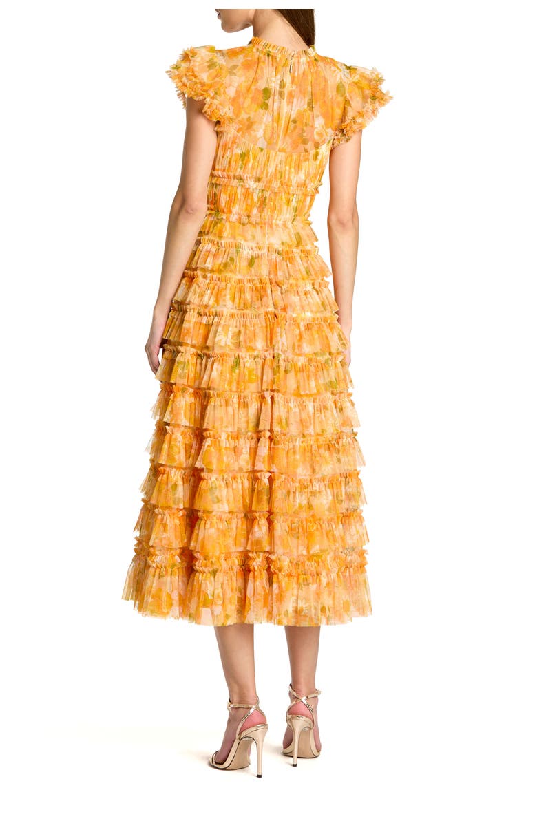 Mac Duggal Mesh Micro Ruffle High Neck Cap Sleeve Midi Dress, Alternate, color, Yellow Multi