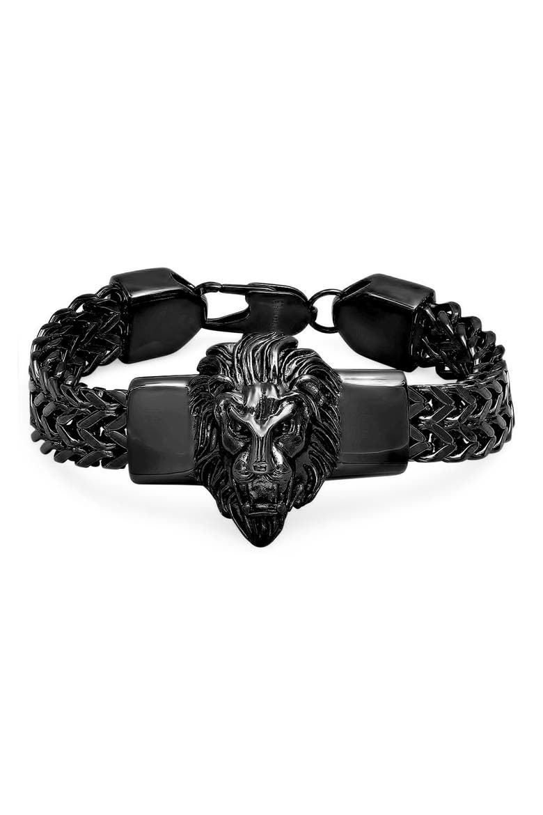 Men's Black IP Stainless Steel Lion Head Chain Bracelet, Main, color, BLACK