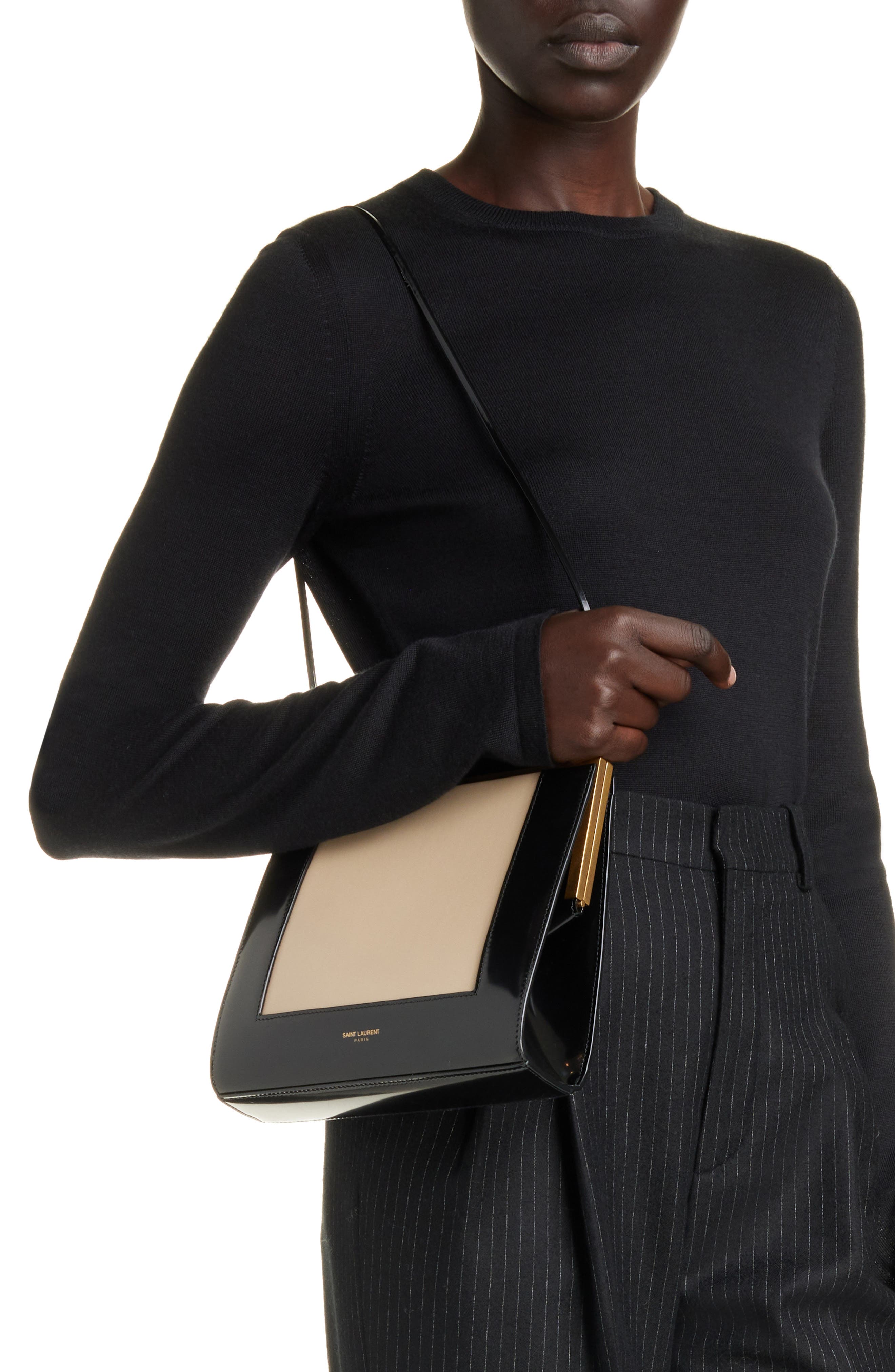 Saint Laurent Small Sac Colorblock Leather Shoulder Bag, Alternate, color, Sea Salt/ Nero