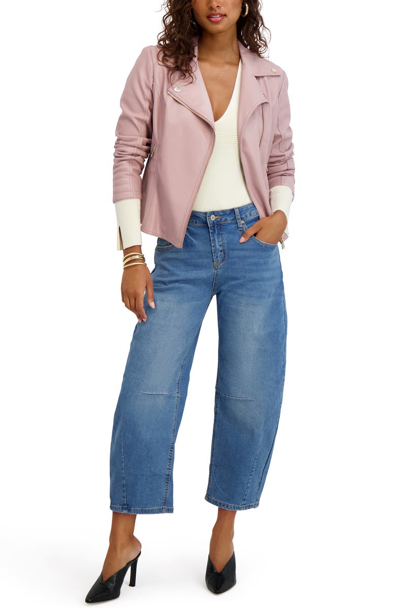 Kensie Peplum Back Faux Lether Moto Jacket, Alternate, color, Rose