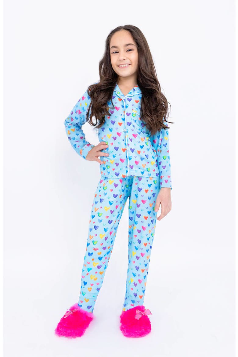Heart Printed Jersey Long Sleeve Pajama Pant Set, Main, color, Light Blue