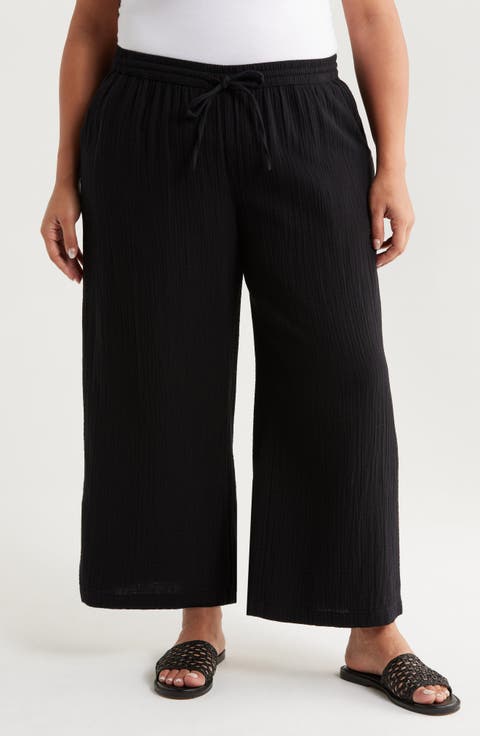 Wide Leg Crop Cotton Gauze Pants (Plus)