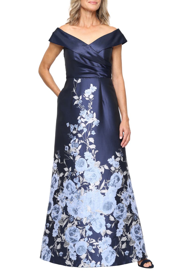 Print Off the Shoulder Gown, Main, color, NAVY MULTI