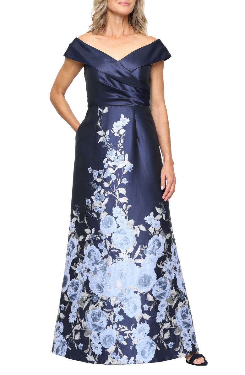 Alex Evenings Print Off the Shoulder Gown, Main, color, Navy Multi