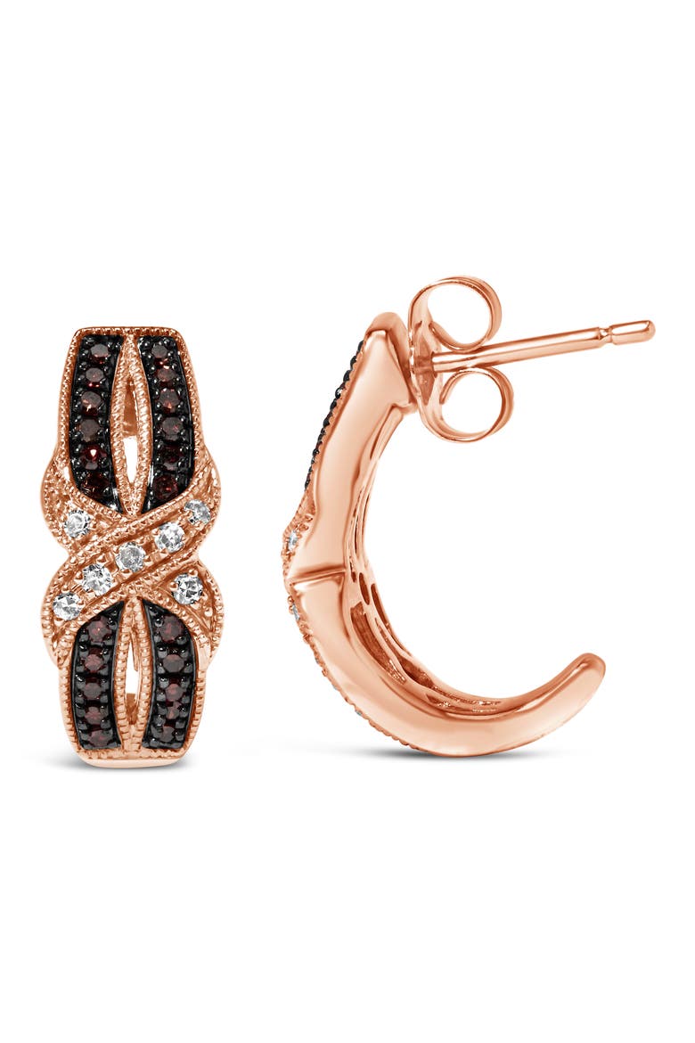 10K Rose Gold 1/3 Ct White and Brown Diamond Milgrain Criss Cross J-Hoop Earrings, Alternate, color, Pink