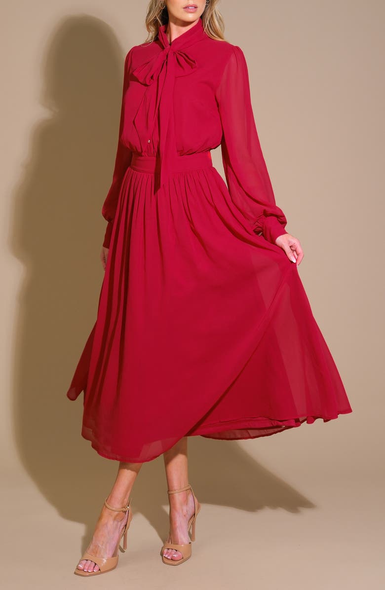 FLYING TOMATO Tie Neck Long Sleeve Chiffon Midi Dress, Alternate, color, Red